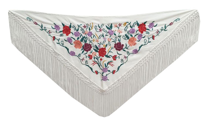 色とりどりの花が刺繍された伝統的な白の小判型ショール